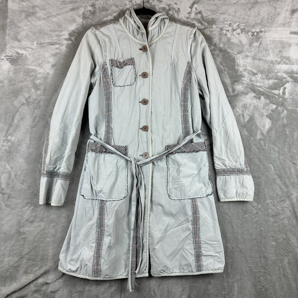 Anthropologie Burning Torch Coat Women's M Light Blue Gray Plaid Reversible